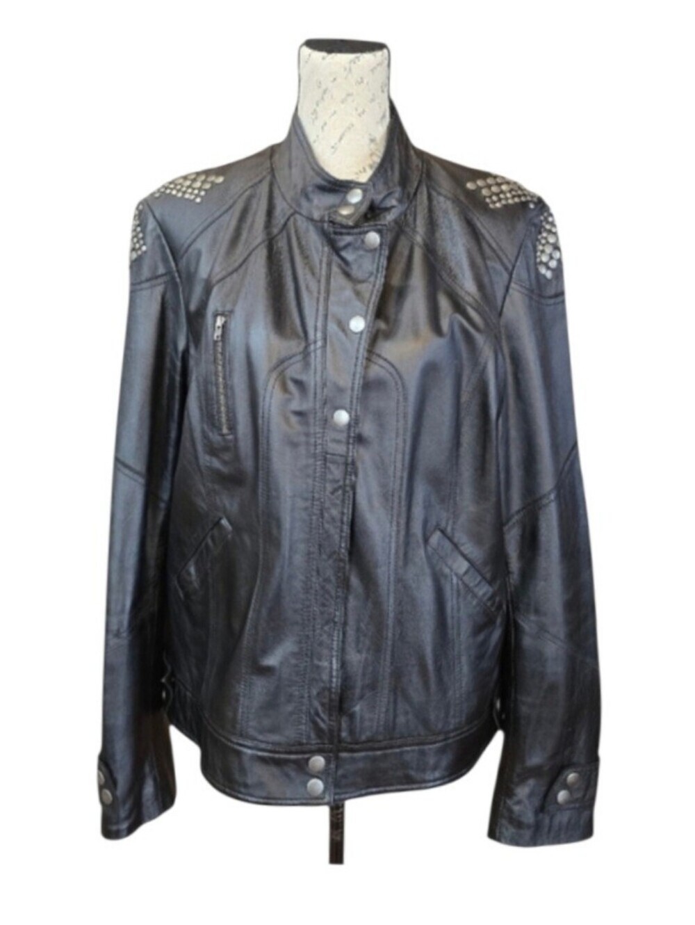 Tribal Black Leather Silver Studded Zip Snap Moto Inspired Jacket XL